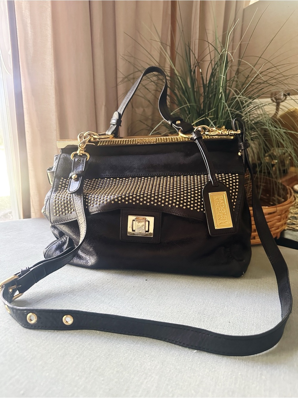 Badgley Mischka Studded Cowhair Boack Leather Shoulder Bag Gold Hardware WEAR
